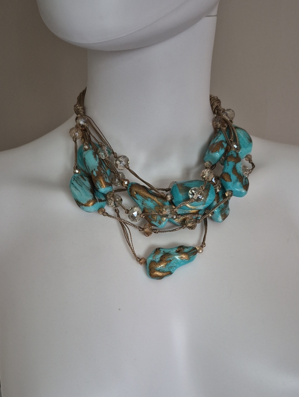 Source Unknown Turquoise and Gold Layered Statement Necklace